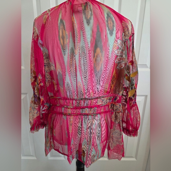 Johnny Was Biya Feather Lark Mesh Blouse Pink Floral Paisley Size L - Picture 6 of 13